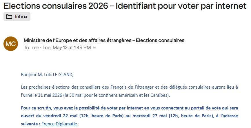 Capture d’écran de l’email contenant les identifiants de vote